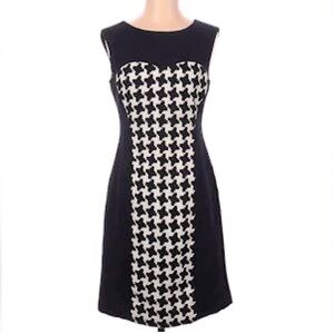 Suzi Chin for Maggy Inset Houndstooth Boutique Black White lined Sheath Dress 8